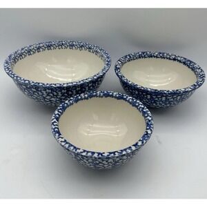 Set Of 3 VTG Folkcraft Blue Spongeware Mixing Bowls 10" 8.5" & 7" Nesting Bowls
